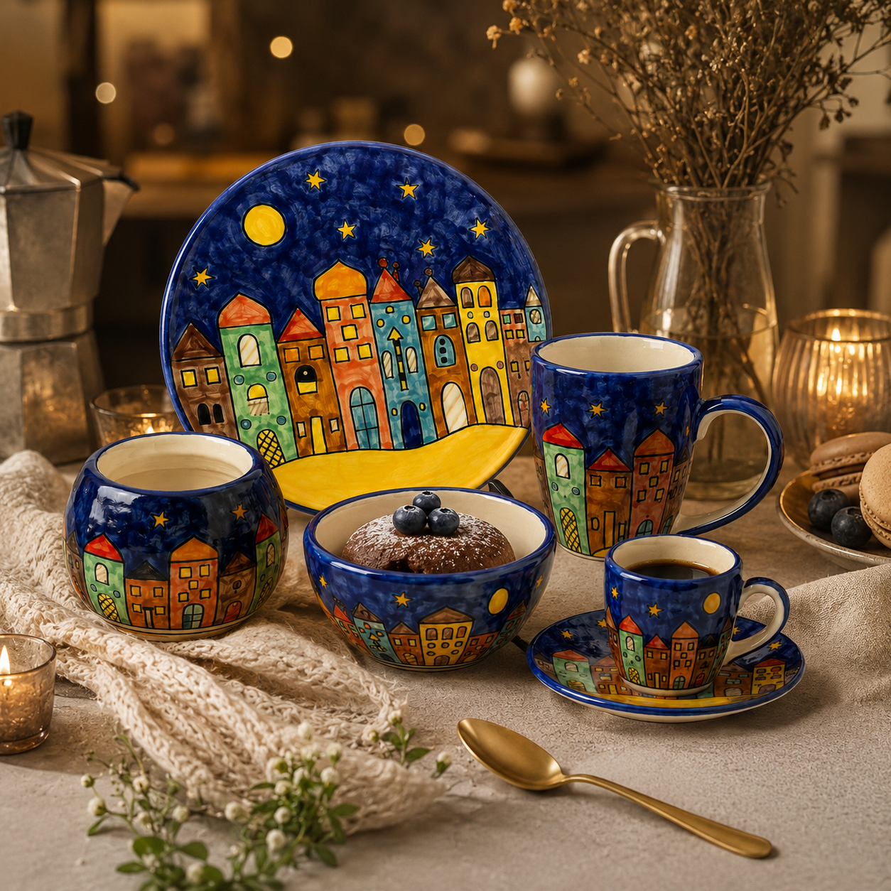 Night Cityscape Ceramic Tea Set