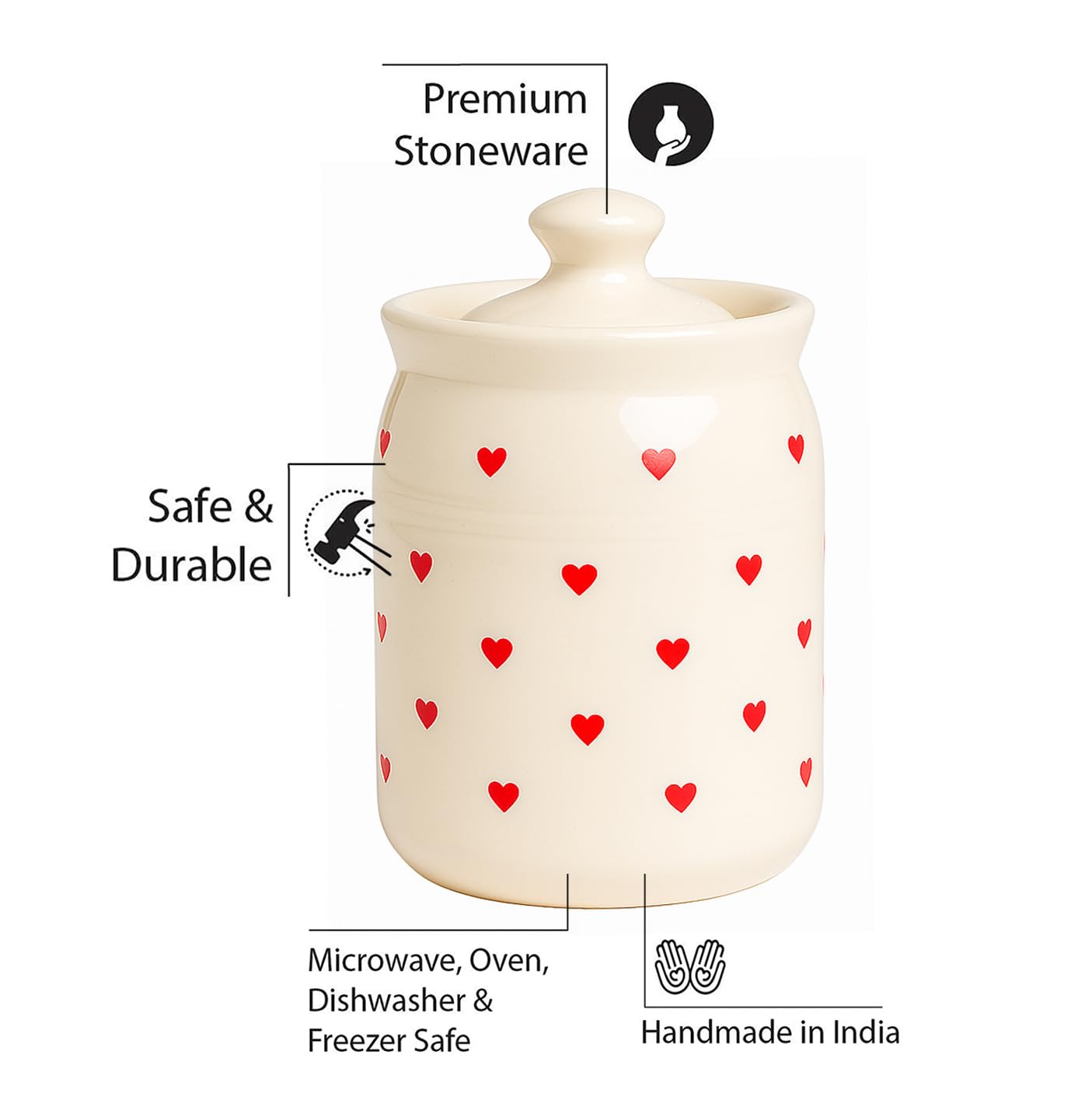 Ceramic 1250ml Handmade Pickle Jars (set of 2) | Handpainted Heart 1.25 kg Ceramic Storage Containers | Kitchen Jars for Salt (Set of 2) | Jars for Achar, Spices, Salt (Red HandPainted Heart)