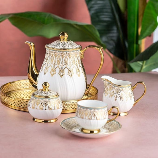 Fine Ceramic 15 Pcs Tea Set with Gold Detailing| Elegant Tea Pot| Cups & Saucers Set for Home & Gifting | Premium Finish| Classic Design| Luxury Serving Set