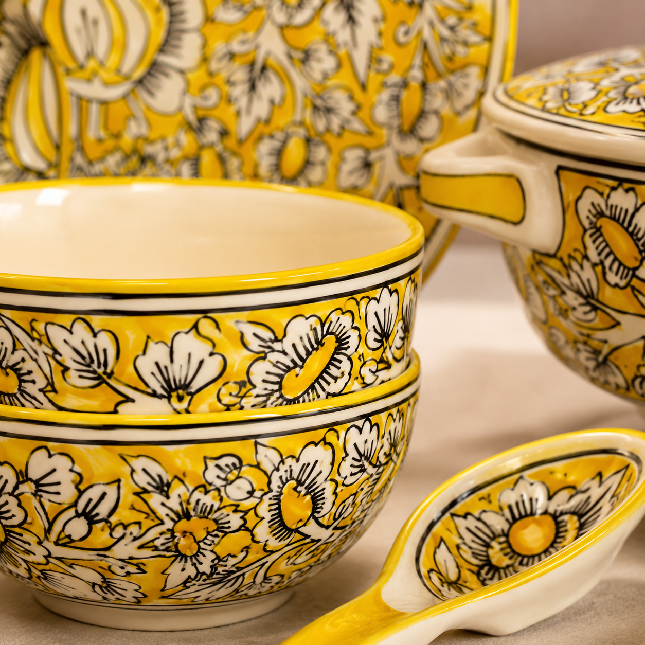 Khurja Yellow Floral Ceramic Dinner Set – 37 Pcs