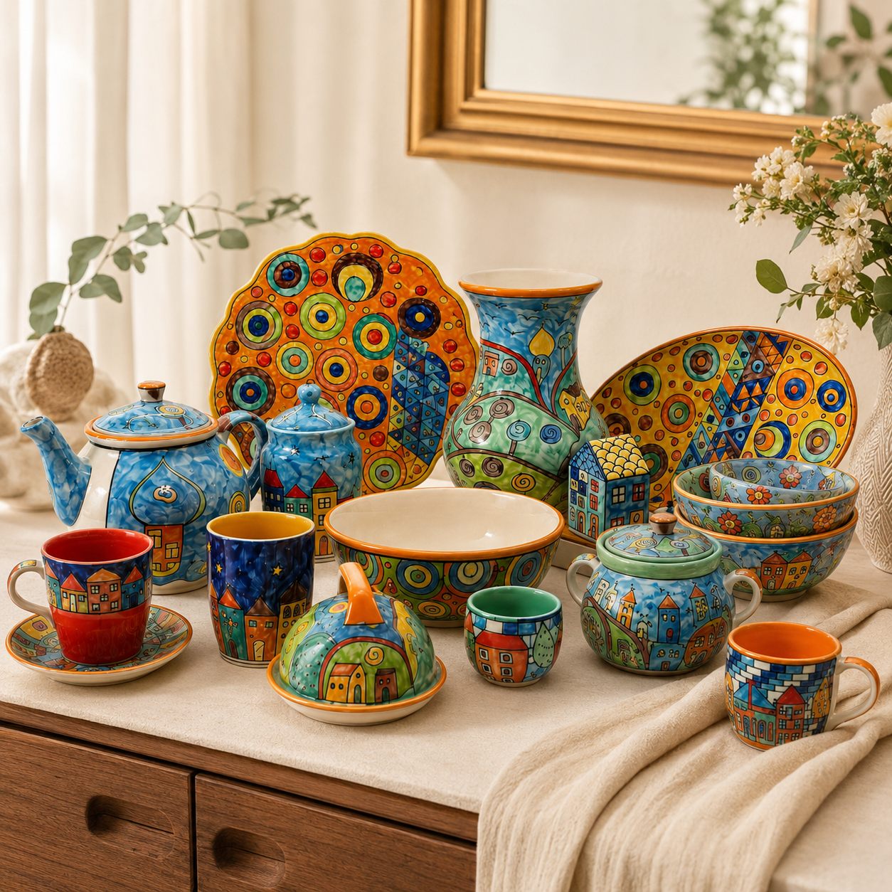 Whimsical Handpainted Dinnerware Collection Serving for 4