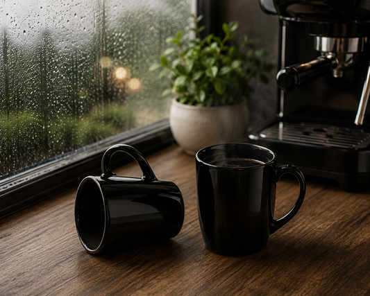Jet Black Ceramic Coffee Mug Set for Two