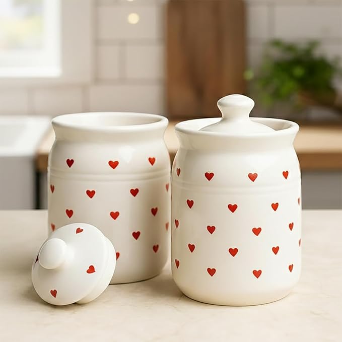 Ceramic 1250ml Handmade Pickle Jars (set of 2) | Handpainted Heart 1.25 kg Ceramic Storage Containers | Kitchen Jars for Salt (Set of 2) | Jars for Achar, Spices, Salt (Red HandPainted Heart)
