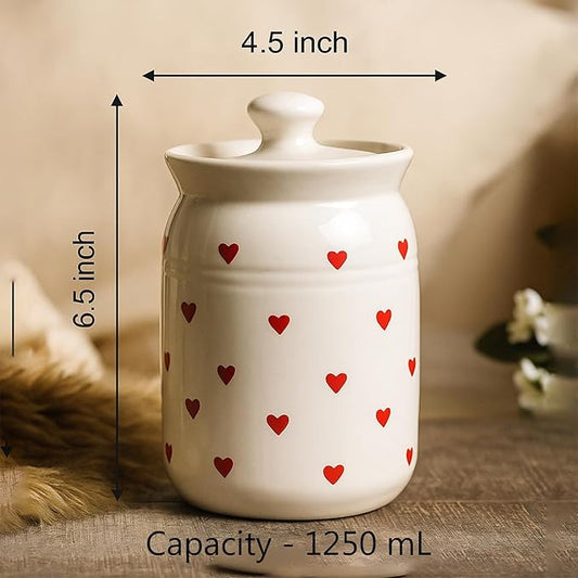 Ceramic 1250ml Handmade Pickle Jars (set of 2) | Handpainted Heart 1.25 kg Ceramic Storage Containers | Kitchen Jars for Salt (Set of 2) | Jars for Achar, Spices, Salt (Red HandPainted Heart)