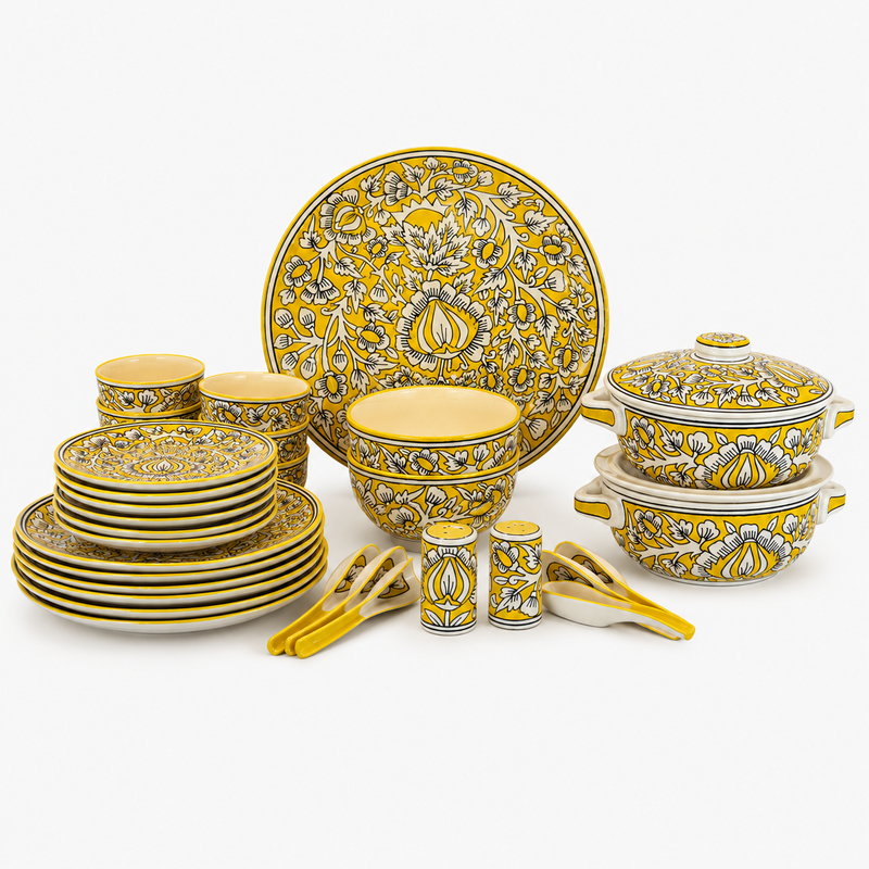 Khurja Yellow Floral Ceramic Dinner Set – 37 Pcs