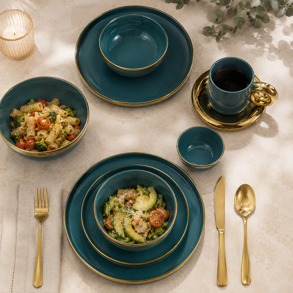 Teal & Gold Rim Ceramic Dinner Set
