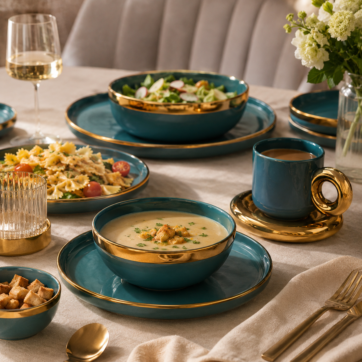 Teal & Gold Rim Ceramic Dinner Set