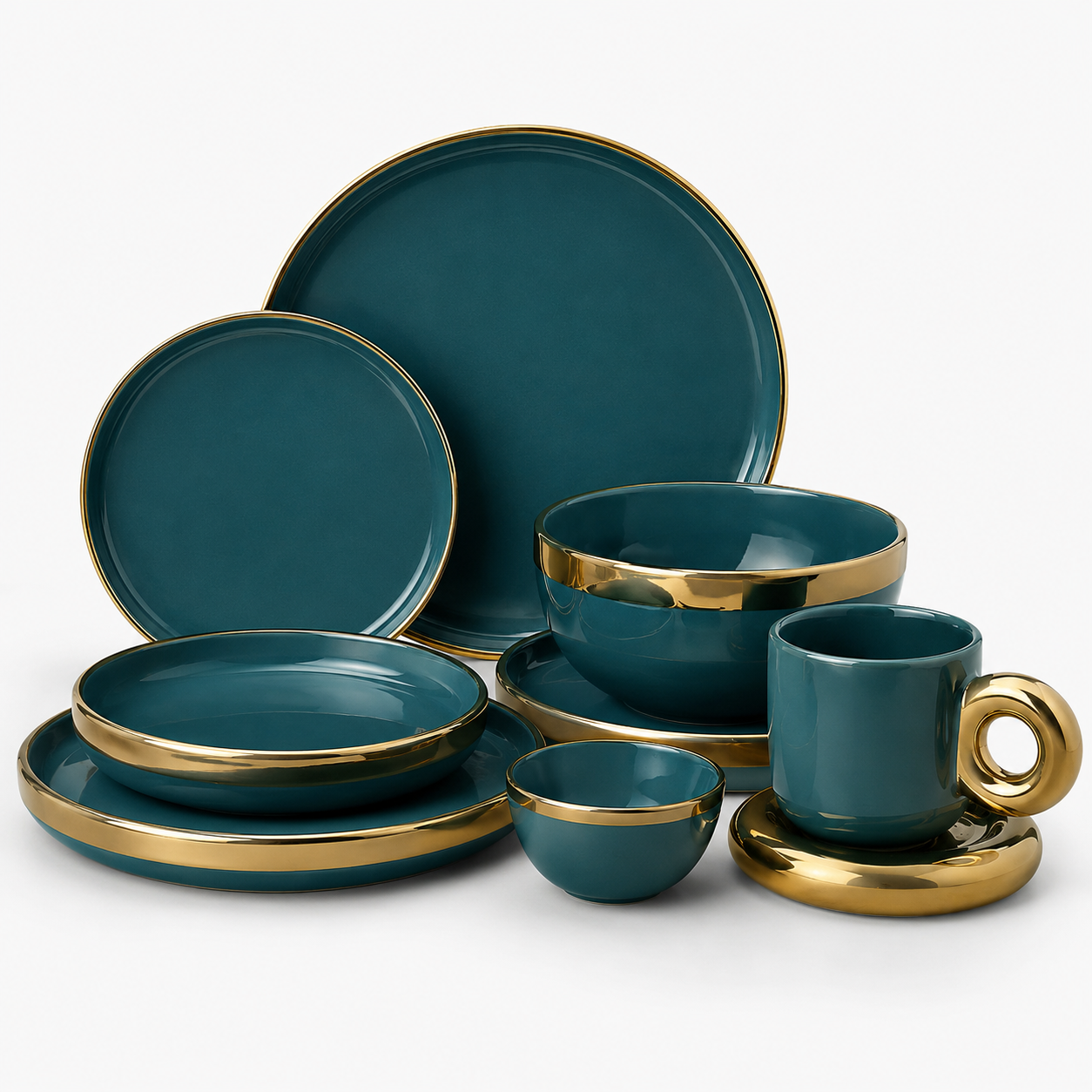 Teal & Gold Rim Ceramic Dinner Set