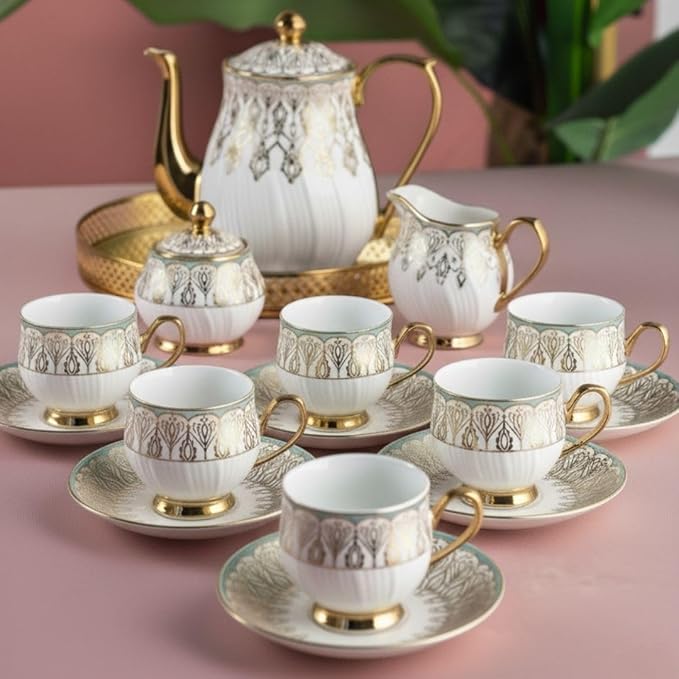 Fine Ceramic 15 Pcs Tea Set with Gold Detailing| Elegant Tea Pot| Cups & Saucers Set for Home & Gifting | Premium Finish| Classic Design| Luxury Serving Set