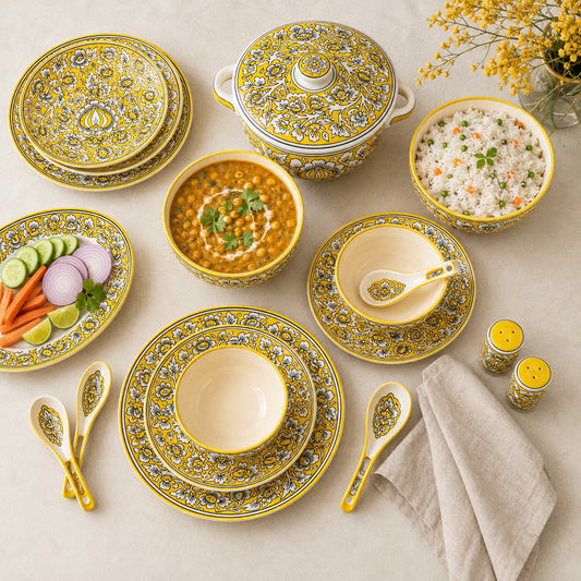 Khurja Yellow Floral Ceramic Dinner Set – 37 Pcs